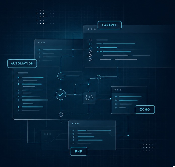 Engineering diagram connecting Laravel, PHP, Zoho and automation workflows