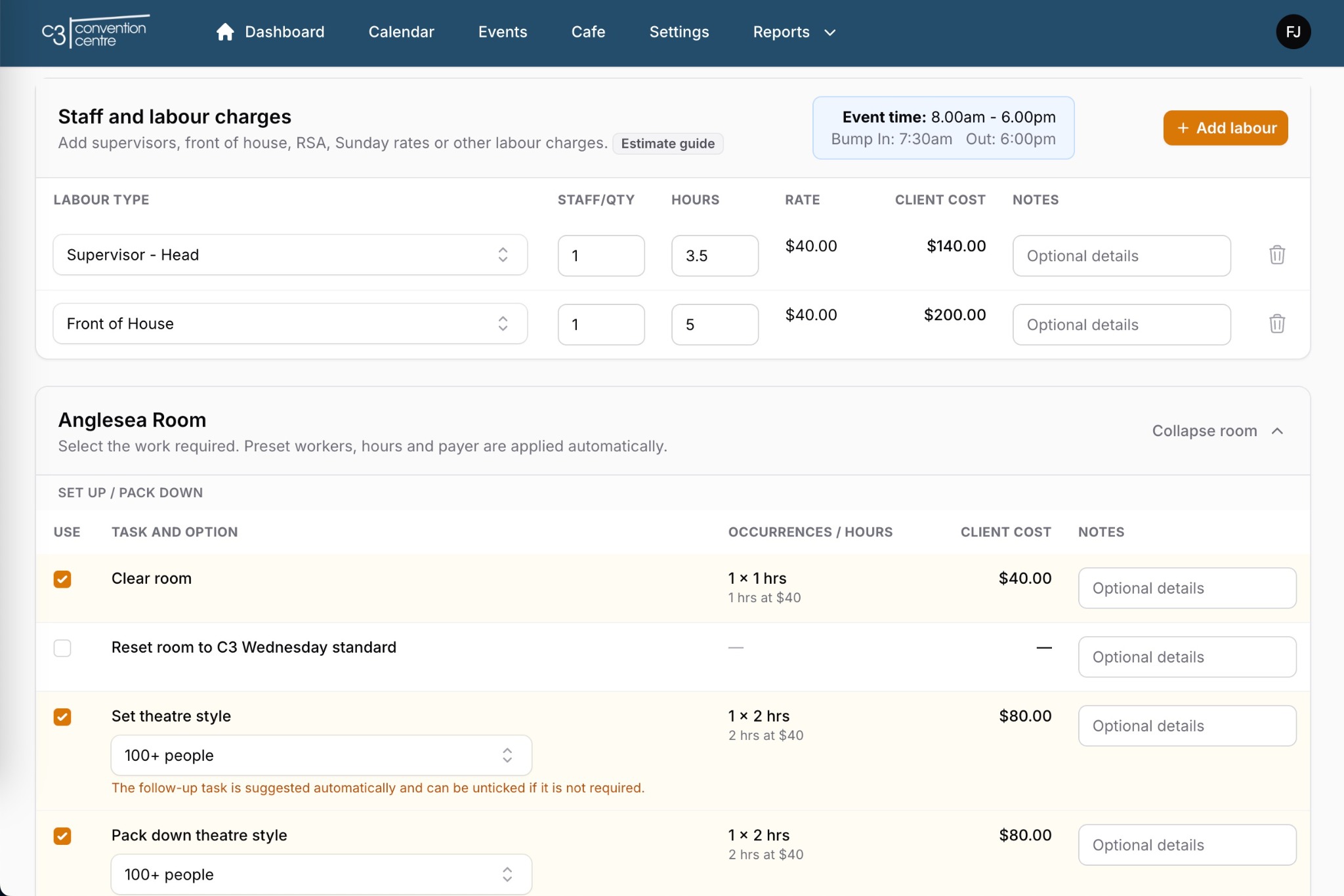 C3 Booking labour costing screen