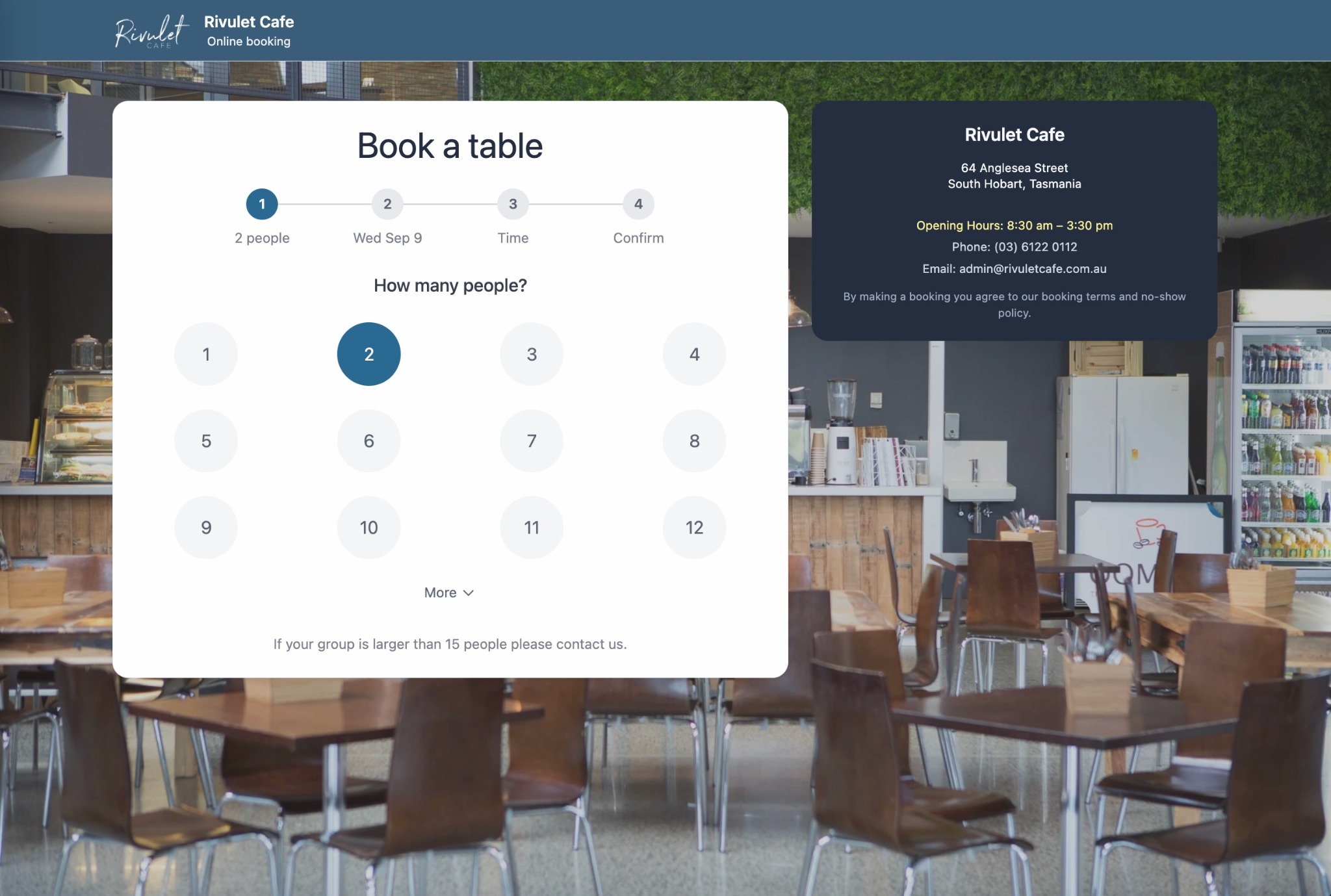 Rivulet Cafe public booking page