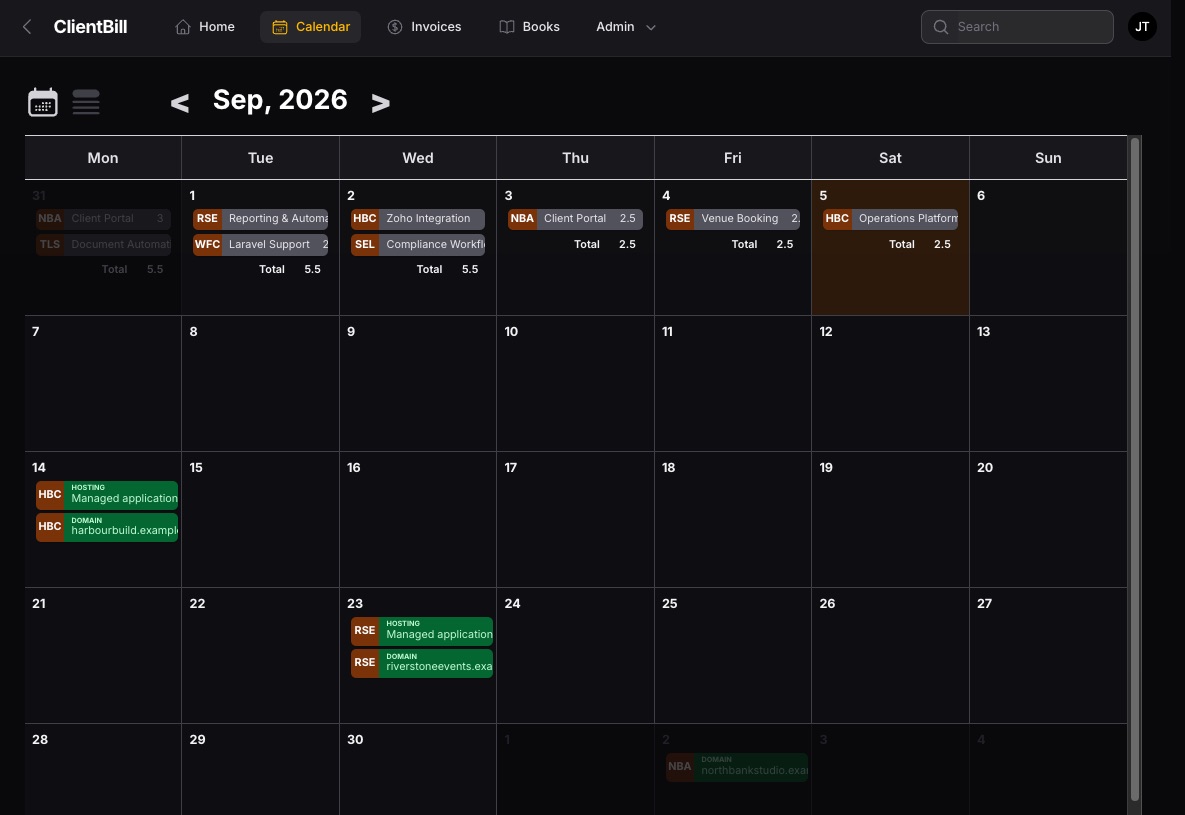ClientBill calendar of work