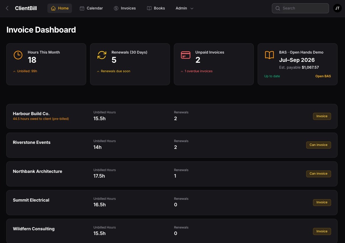 ClientBill invoicing dashboard