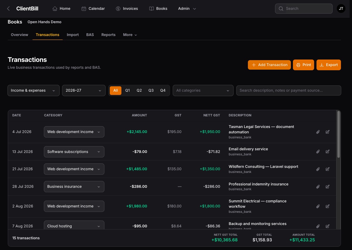 ClientBill transaction list