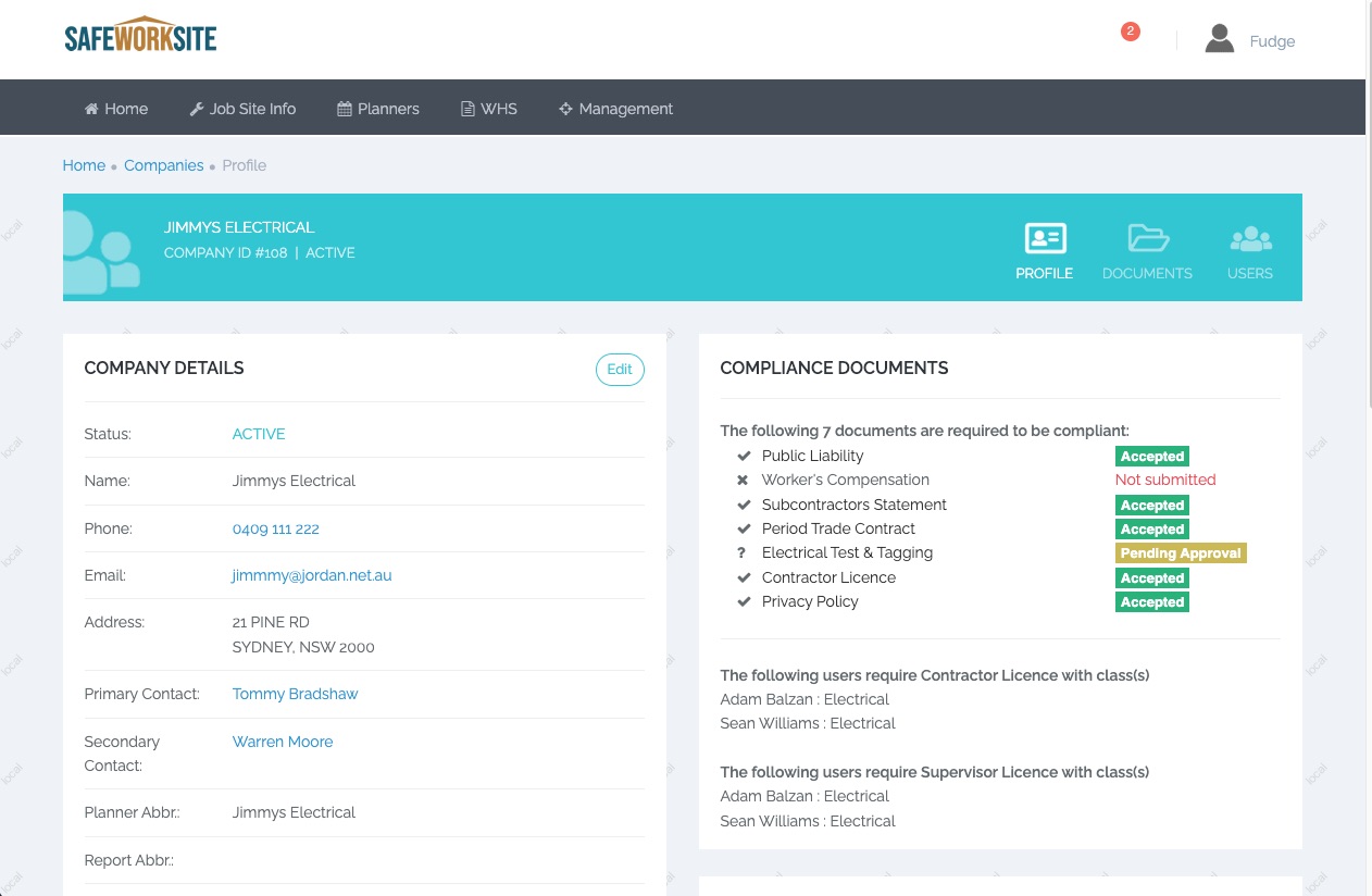 SafeWorksite company compliance record
