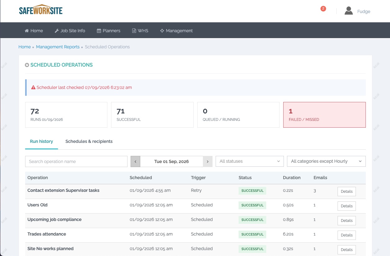 SafeWorksite scheduled operations dashboard